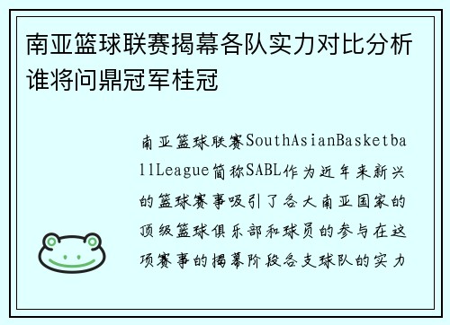 南亚篮球联赛揭幕各队实力对比分析谁将问鼎冠军桂冠
