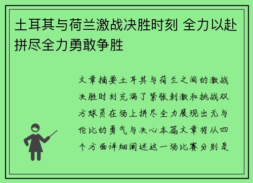 土耳其与荷兰激战决胜时刻 全力以赴拼尽全力勇敢争胜