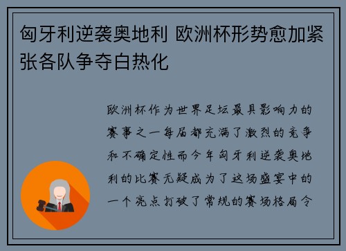 匈牙利逆袭奥地利 欧洲杯形势愈加紧张各队争夺白热化