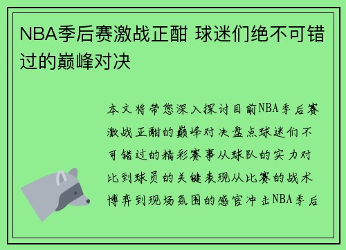 NBA季后赛激战正酣 球迷们绝不可错过的巅峰对决
