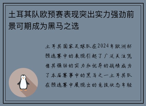土耳其队欧预赛表现突出实力强劲前景可期成为黑马之选