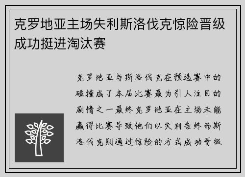 克罗地亚主场失利斯洛伐克惊险晋级成功挺进淘汰赛